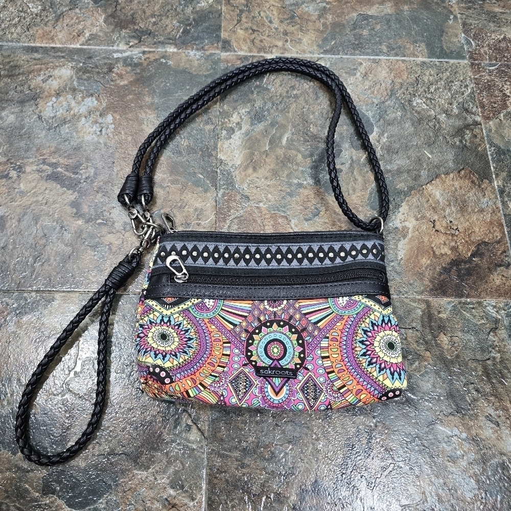 Sakroots boho small shoulder bag with black braided handles